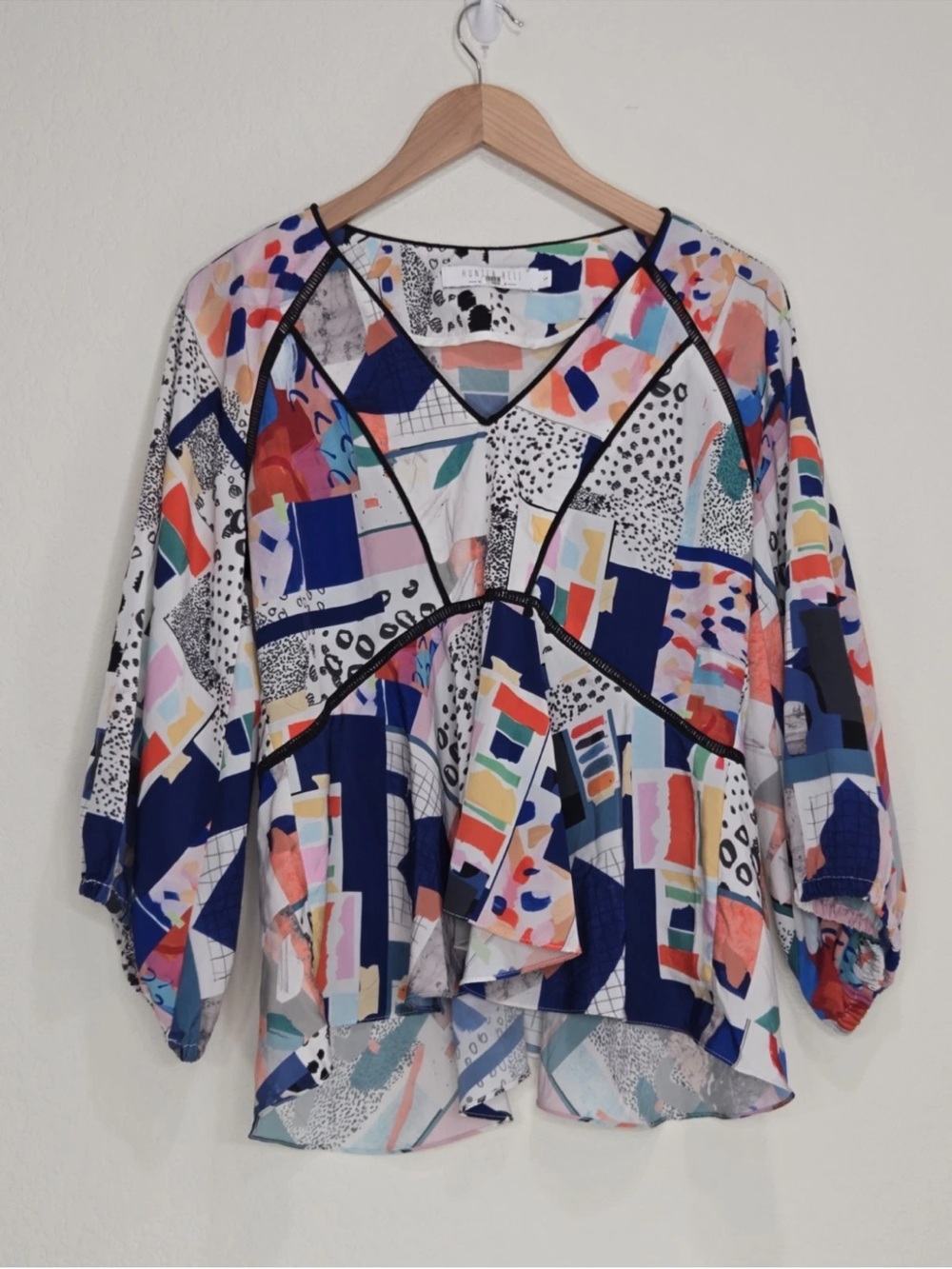 Hunter Bell Abstract Geometric Print Grayson Artsy Peplum V-Neck Silk Top Small